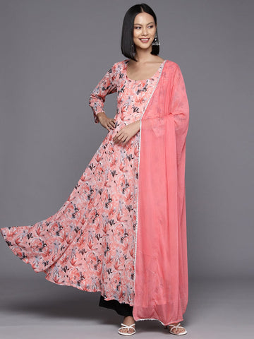 Peach Floral Printed Anarkali Kurta Paired With Tonal Chiffon Solid Dupatta With Four Side Traingular Gota Lace